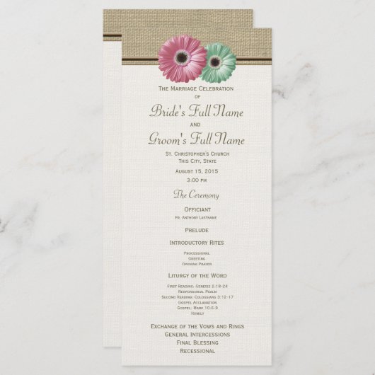 Roze en groene Gerbera Daisy Wedding Program Programma (Voorkant / Achterkant)
