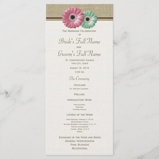 Roze en groene Gerbera Daisy Wedding Program Programma (Voorkant)