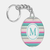 Roze en groene gestreept monogrammen sleutelhanger (Voorkant Links)