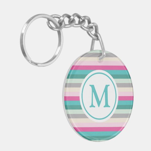 Roze en groene gestreept monogrammen sleutelhanger (Voorkant Links)