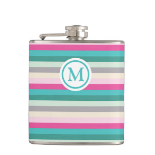 Roze en groene gestreepte monogram heupfles