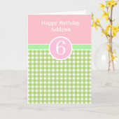 Roze en Groene Gingham 6th Birthday Kaart (Gele Bloem)