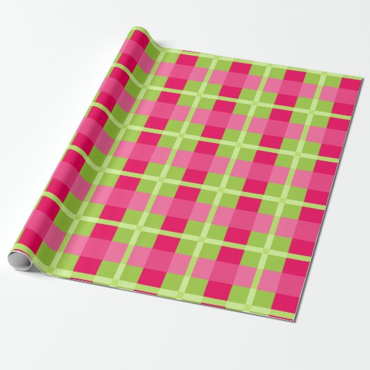 Roze en Groene Gingham Pattern Cadeaupapier (Uitgerold)