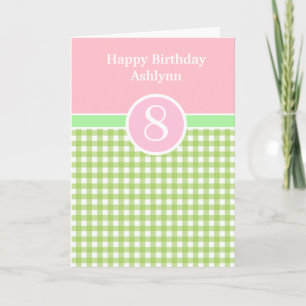 Roze en groene Gingham verjaardagskaart 8 jaar Kaart