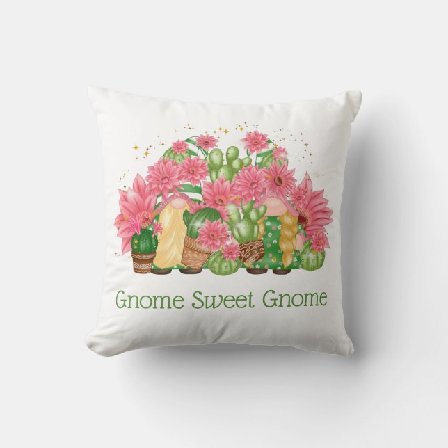 Roze en groene gnomen Gnome Sweet Gnome Kussen (Voorkant)