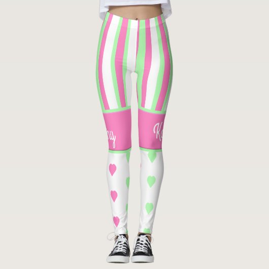 Roze en groene harten en stripes Leggings (Voorkant)