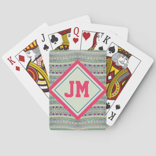 Roze en groene harten Patroon en Uw Initialen Pokerkaarten (Achterkant)