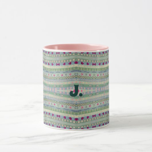 Roze en groene  hartpatronen en een letter mok (Midden)