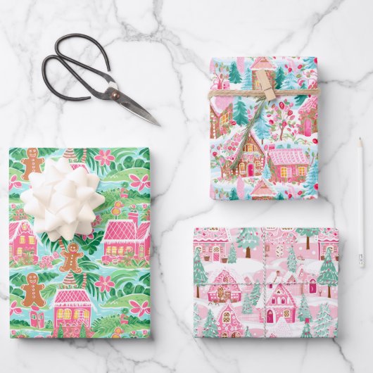 Roze en Groene Kerst Gingerbread Huizen Inpakpapier Vel (Voorkant)