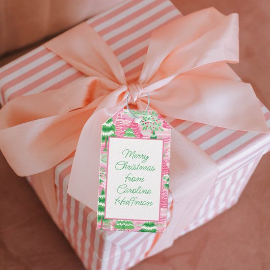 Roze en groene kerstbomen cadeaulabel