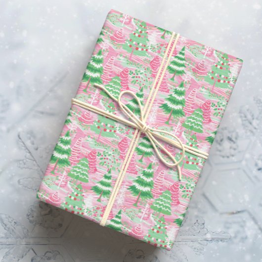 Roze en groene kerstbomen cadeaupapier