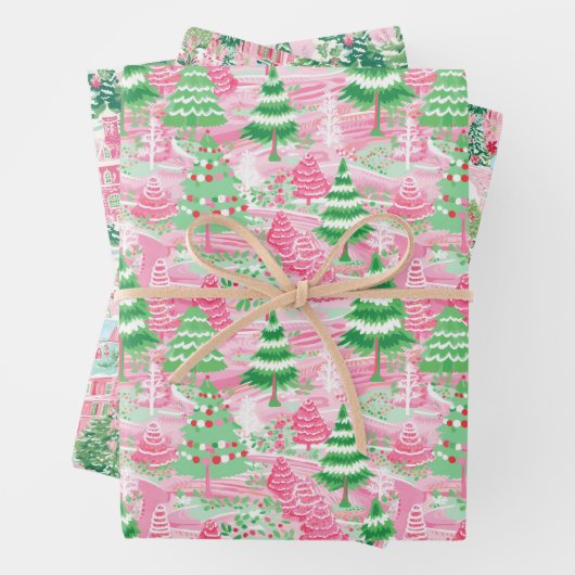 Roze en groene kerstbomen inpakpapier vel (In situ)
