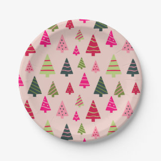 Roze en groene kerstbomen papieren bordje