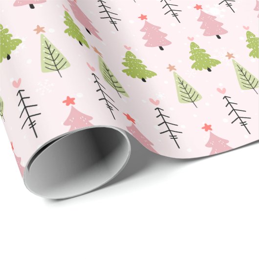 Roze en Groene Kerstbomen Roze Kerstmis Cadeaupapier (Rol Hoek)