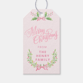 Roze en groene kerstkrans cadeaulabel