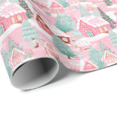 Roze en Groene Kerstmis Gingerbread Town Cadeaupapier (Rol Hoek)