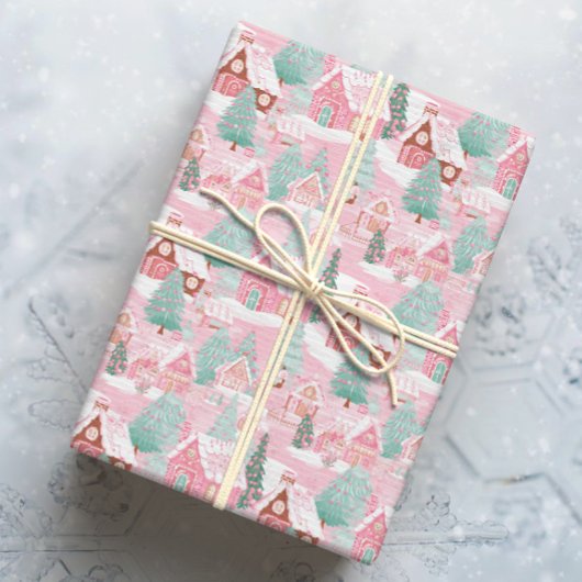 Roze en Groene Kerstmis Gingerbread Town Cadeaupapier