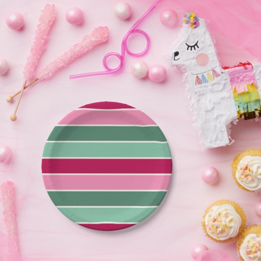 Roze en groene kerststrepen papieren bordje (Feest)