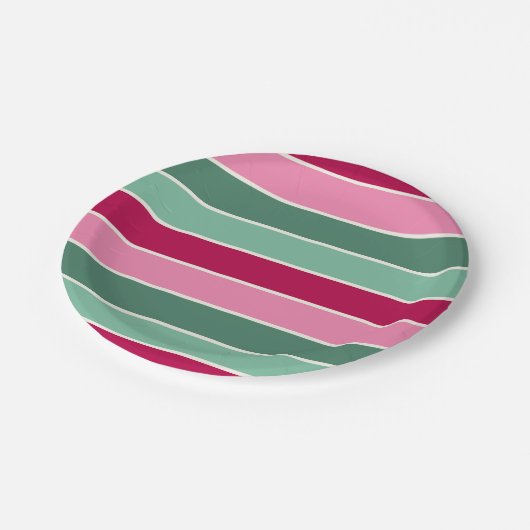 Roze en groene kerststrepen papieren bordje (Gekanteld)