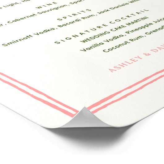 Roze en groene kleurrijke bruiloftsbar-drankjes poster (Hoek)