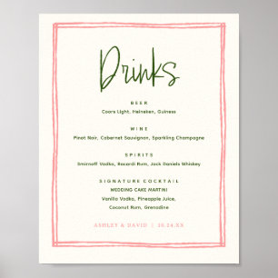 Roze en groene kleurrijke leuke trouwbar-dranken poster