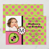 Roze en groene Ladybug Foto Birthday Invitation Kaart (Voorkant / Achterkant)