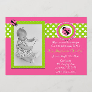 Roze en Groene Ladybug Girls Birthday Invitation Kaart
