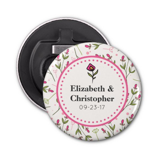 Roze en groene langlevende wilde bloemen button flesopener (Voorkant)