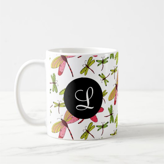 Roze en groene libellen Monogram Koffiemok (Links)