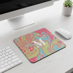 Roze en Groene Marmer Monogram Muismat