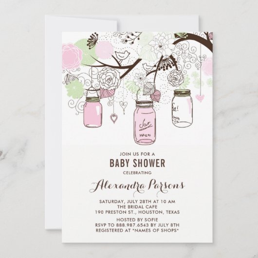Roze en groene Mason Jars Floral Baby shower Kaart (Voorkant)