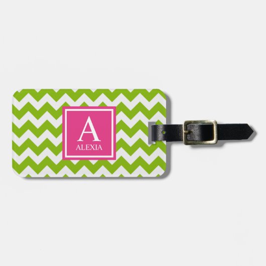 Roze en groene monogram Chevron Print Bagagelabel (Voorkant horizontaal)