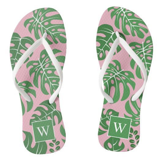 Roze en groene monogrammen Monstera Leaves Teenslippers (Voetbed)