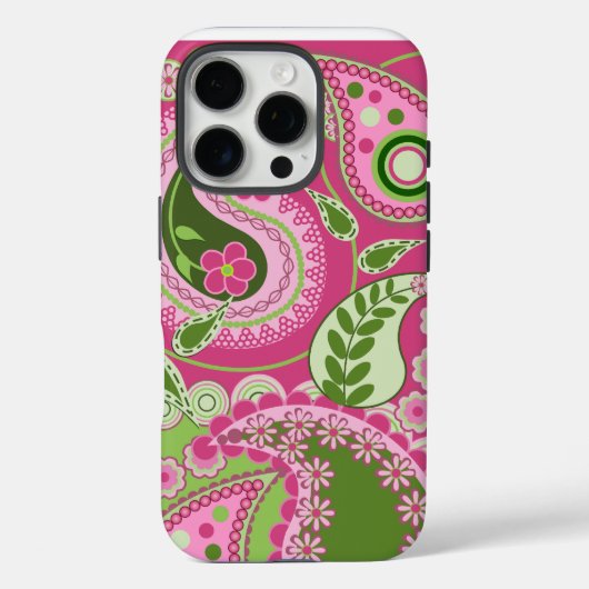 Roze en groene Paisley iPhone 16 hoesje (Achterkant)