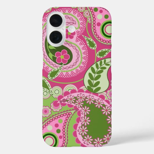 Roze en groene Paisley iPhone 16 hoesje (Achterkant)