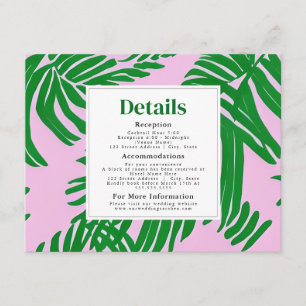 Roze en groene palmboom Moderne strand Wedding Informatiekaartje