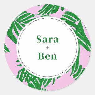 Roze en groene palmboom Moderne strand Wedding Ronde Sticker