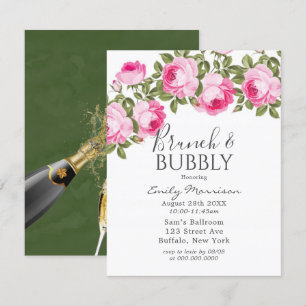 Roze en groene pioenroos brunch & bubbels uitnodig kaart