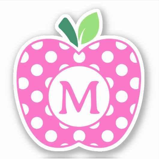 Roze en Groene Polka Dot Apple Monogram Sticker (Voorkant)