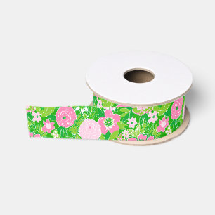 Roze en groene preppy Palm Beach bloemen Grosgrain Lint