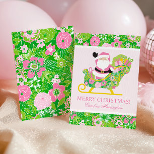 Roze en groene preppy Palm Beach Kerstman Feestdagenkaart