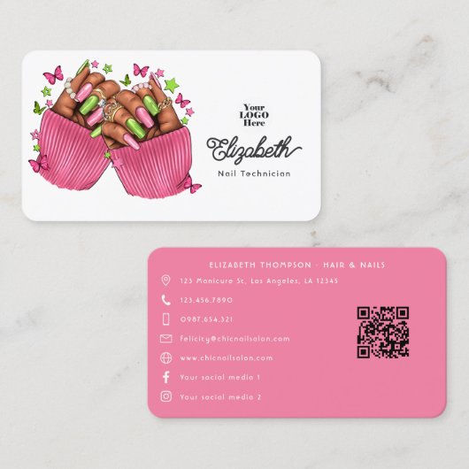 Roze en groene Sisterhood Nail Salon Branding Visitekaartje (Voorkant / Achterkant)
