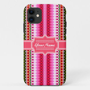 Roze en groene stam Ikat Chevron gepersonaliseerd iPhone 11 Hoesje