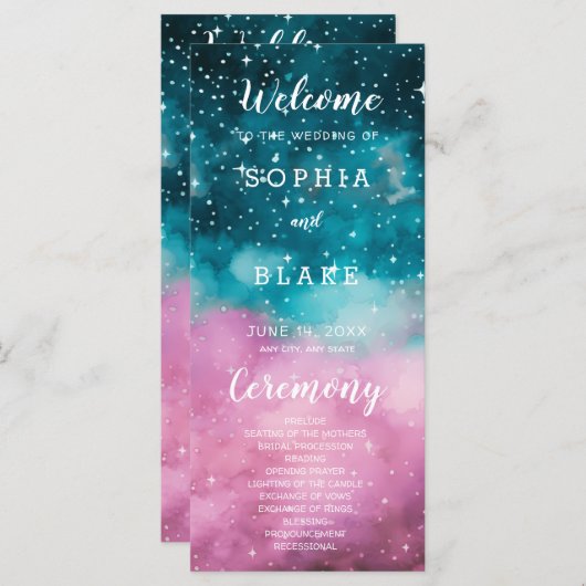 Roze en Groene Sterren Celestial Huwelijksprogramm (Voorkant / Achterkant)
