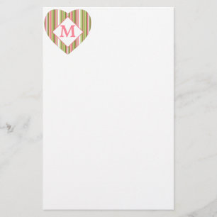 Roze en groene strepen gepersonaliseerd monogram briefpapier