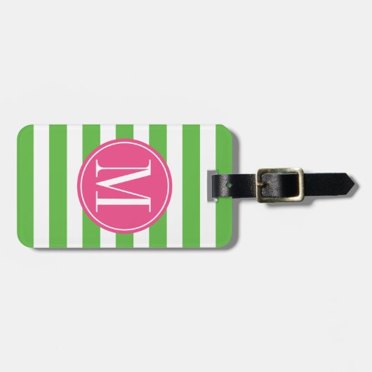 Roze en groene stripes op aangepast monogram bagagelabel (Voorkant horizontaal)