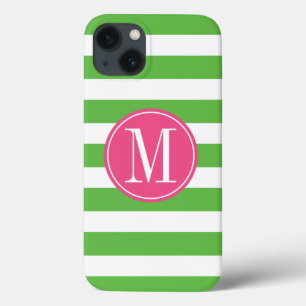 Roze en groene stripes op aangepast monogram iPhone 13 hoesje