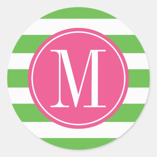 Roze en groene stripes op aangepast monogram ronde sticker (Voorkant)