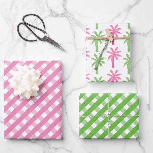 Roze en groene tandham en palmbomen Radeveltjes Inpakpapier Vel (Voorkant)