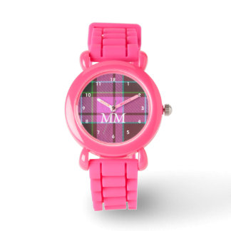 Roze en groene tartan plaid monogrammed horloge